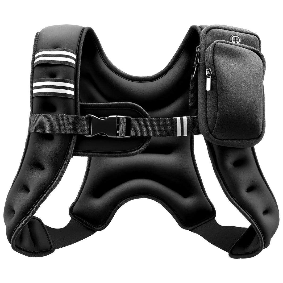 Ghost Vest 10 lb weighted vest, three-quarter view with buckle strap and zip phone pocket