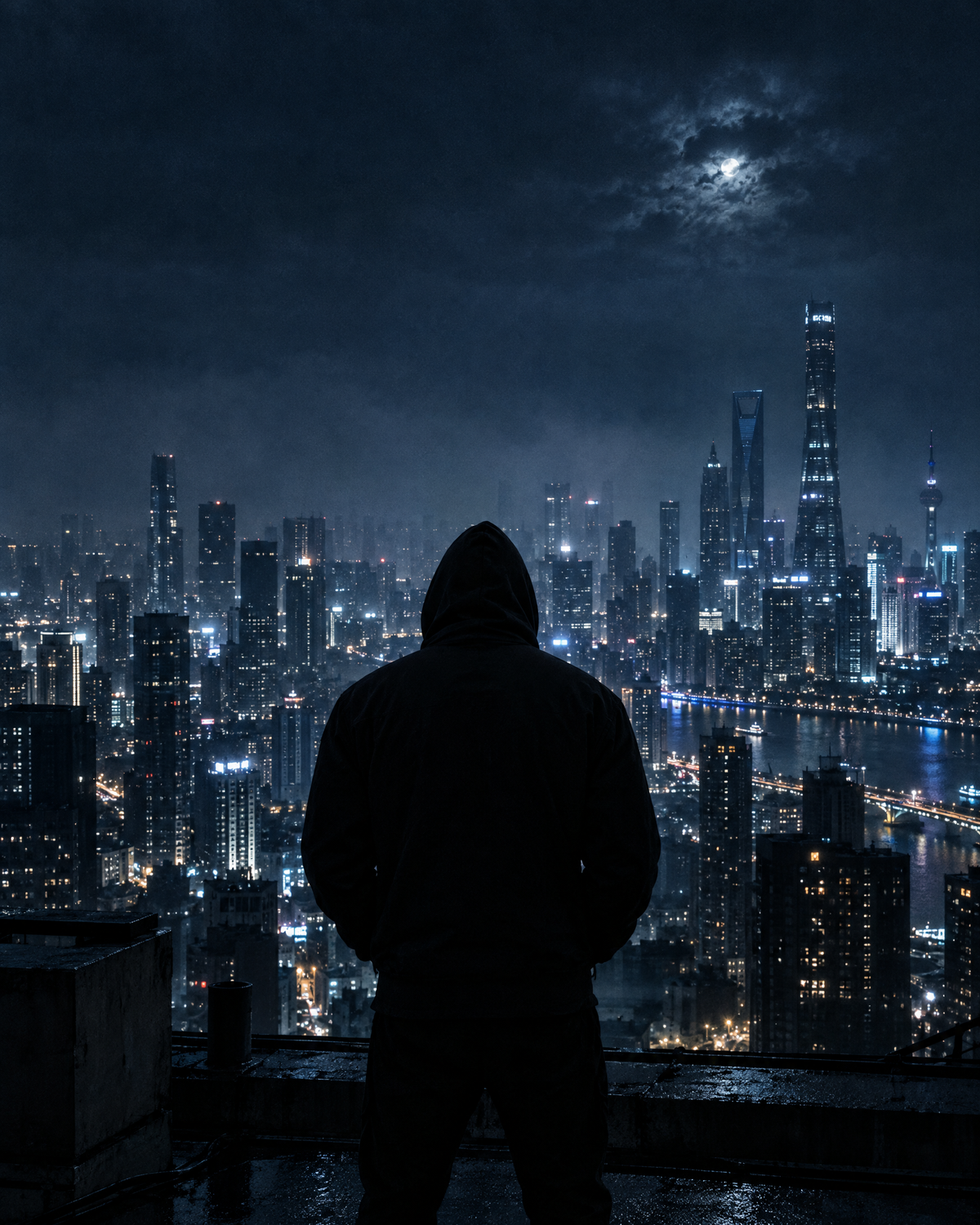 Hooded figure on a rooftop overlooking the city at night
