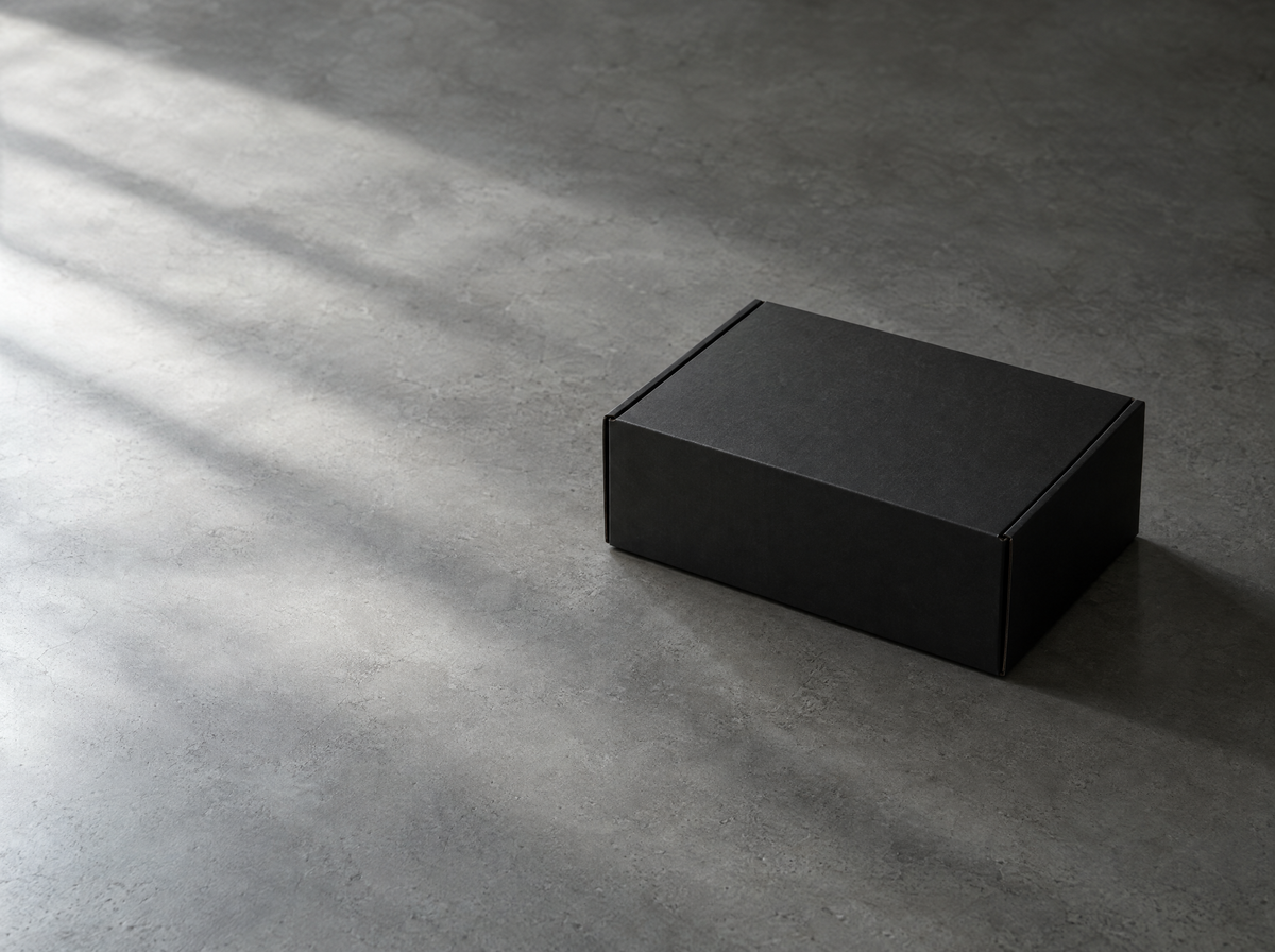 Matte black shipping box on a concrete floor