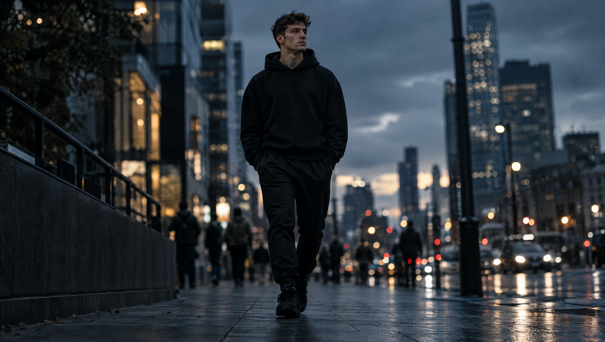 Man in a black hoodie walking a city street at dusk